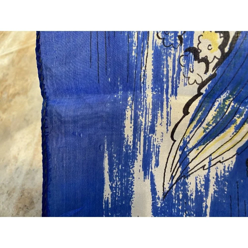 Vintage Pure Silk Scarf Carmen Miranda Dancing Woman‎ Fruit Blue Yellow Rolled